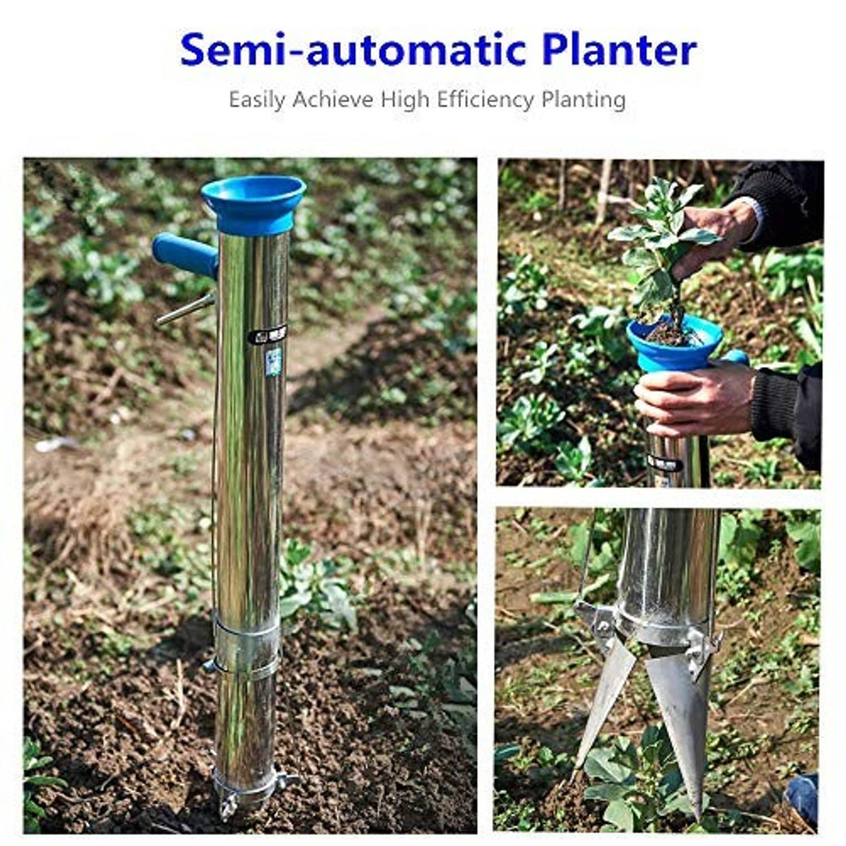 Semi-automatic bulb planter tool with blue funnel, pointed tip, and stabilizer legs