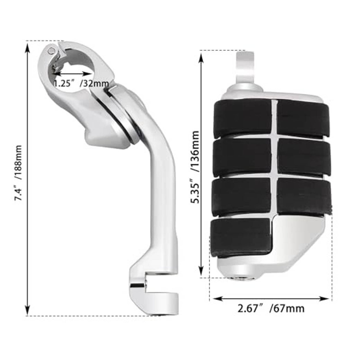 Chrome adjustable foot peg with black rubber block pad and long angled mounting bracket