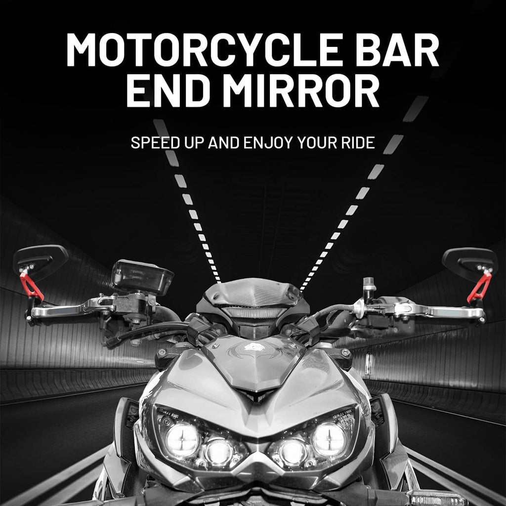 Motorcycle front view with bar-end side mirrors featuring blue lenses and red accents.