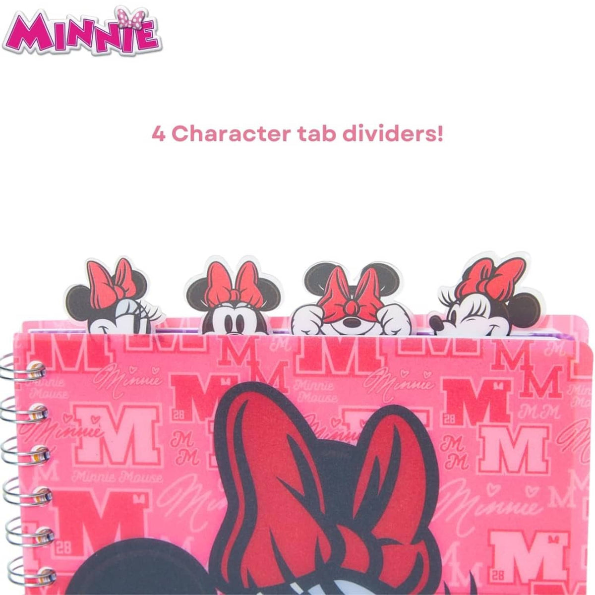 Minnie Mouse spiral notebook with pink vinyl cover and character tab dividers.