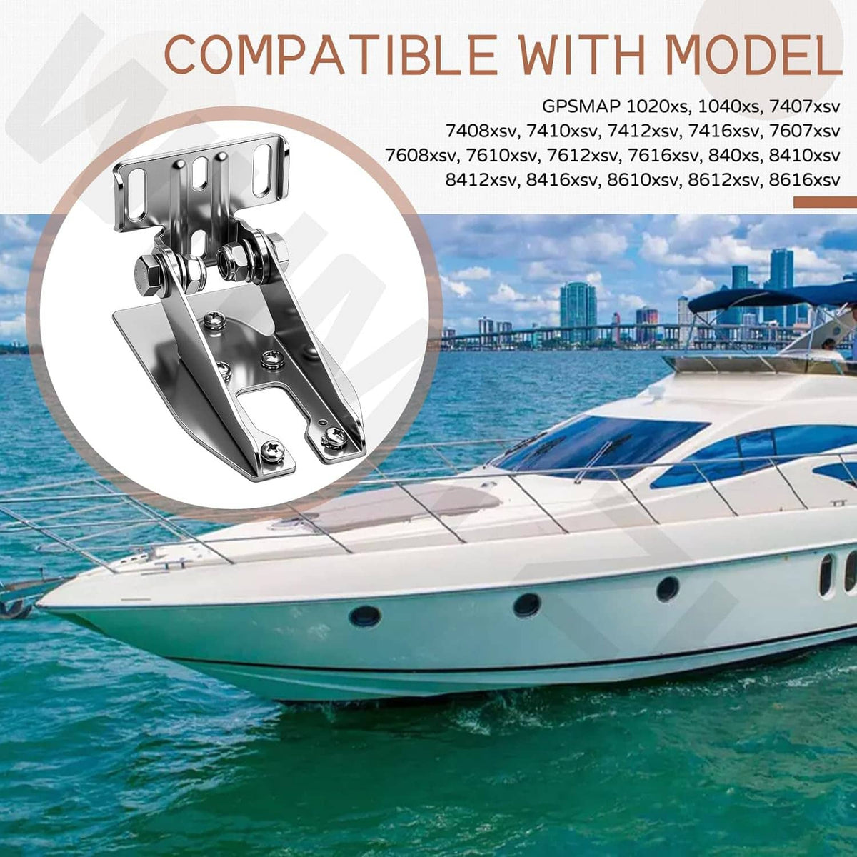 Stainless steel transom mount bracket with spray shield on a boat transom