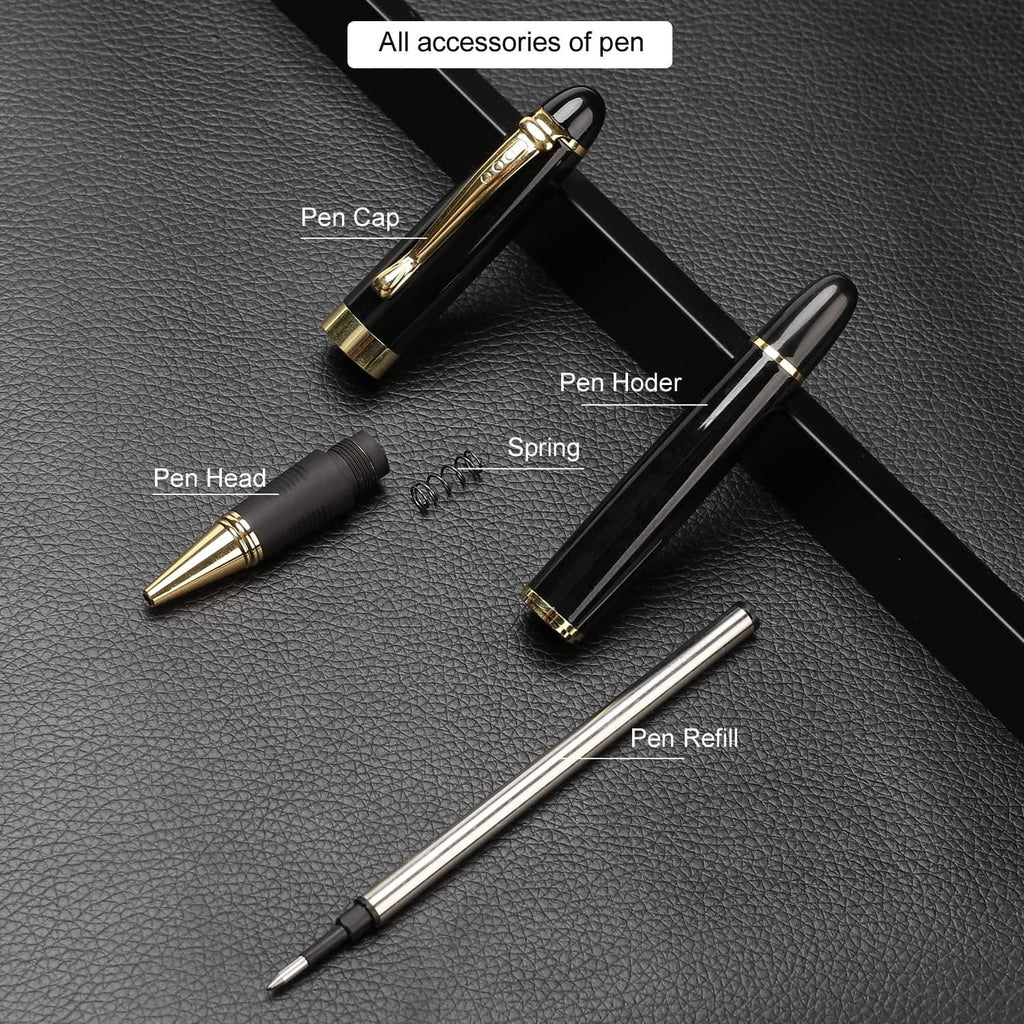 Black ballpoint pen and components: cap, holder, spring, head, and refill