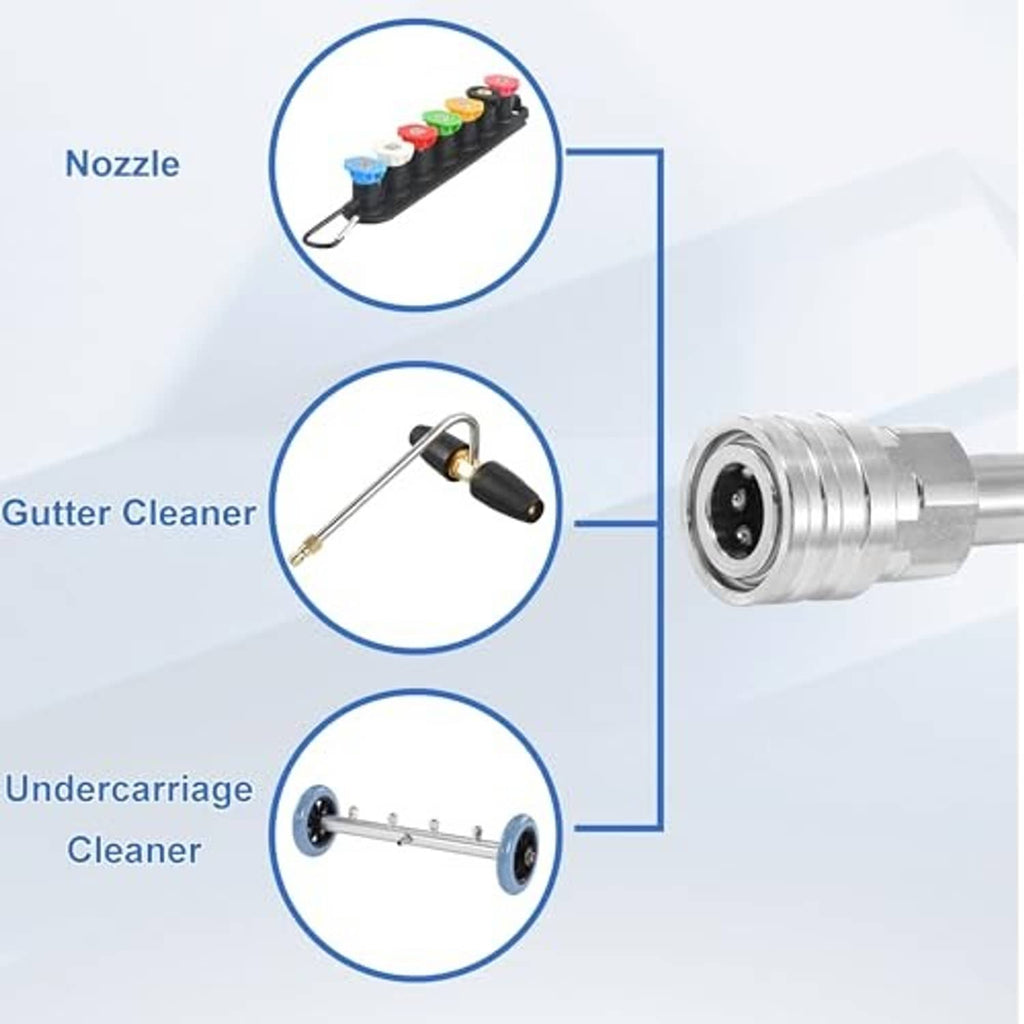 Stainless pressure washer wand nozzle end with cleaning attachments shown