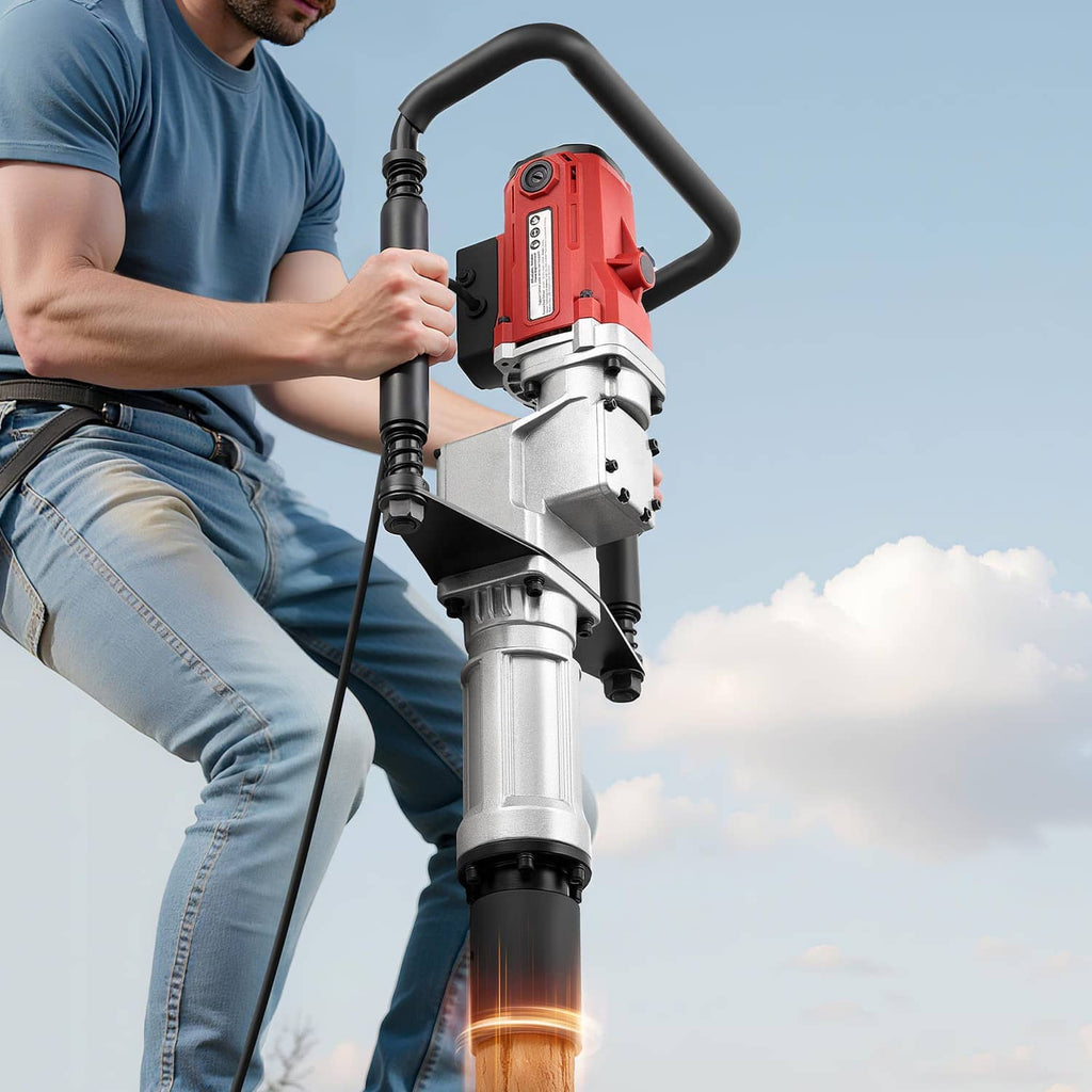 Handheld post driver held in use with red housing and black U-shaped handles