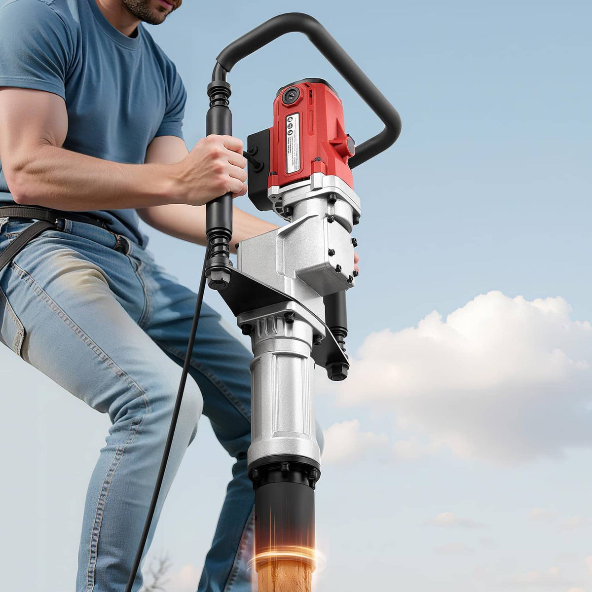 Handheld post driver held in use with red housing and black U-shaped handles