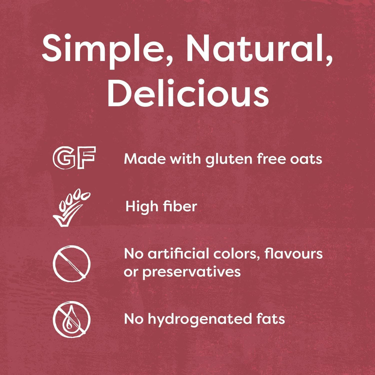 Nairn's gluten-free oat grahams box claims panel: simple, natural, delicious; made with oats