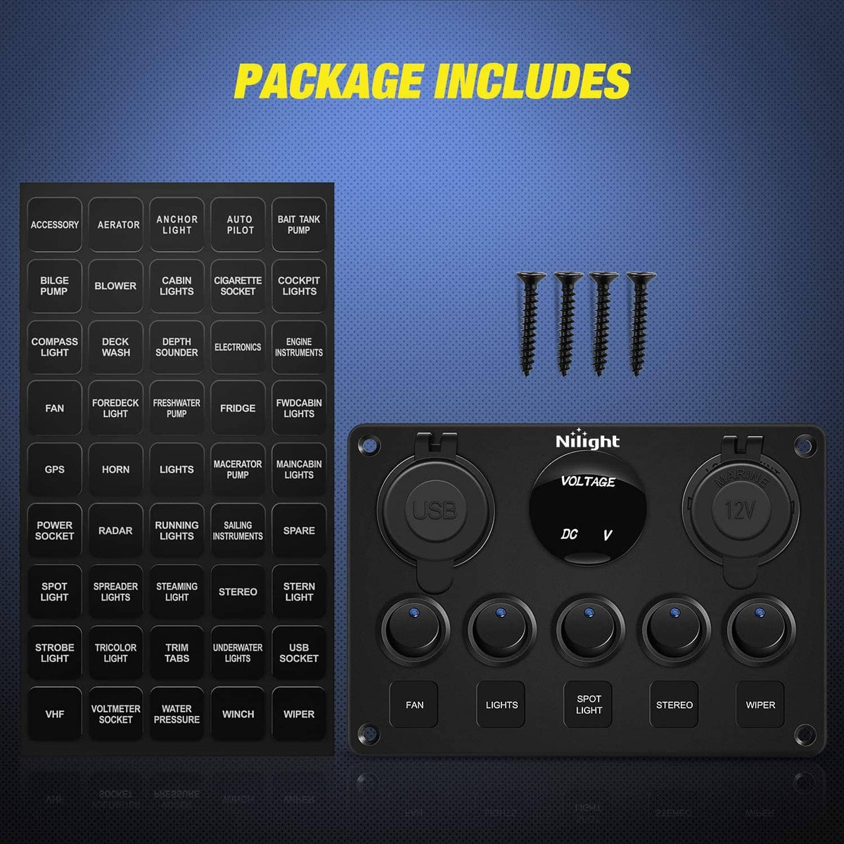 Black multi-function rocker switch panel with included mounting screws and accessory icons