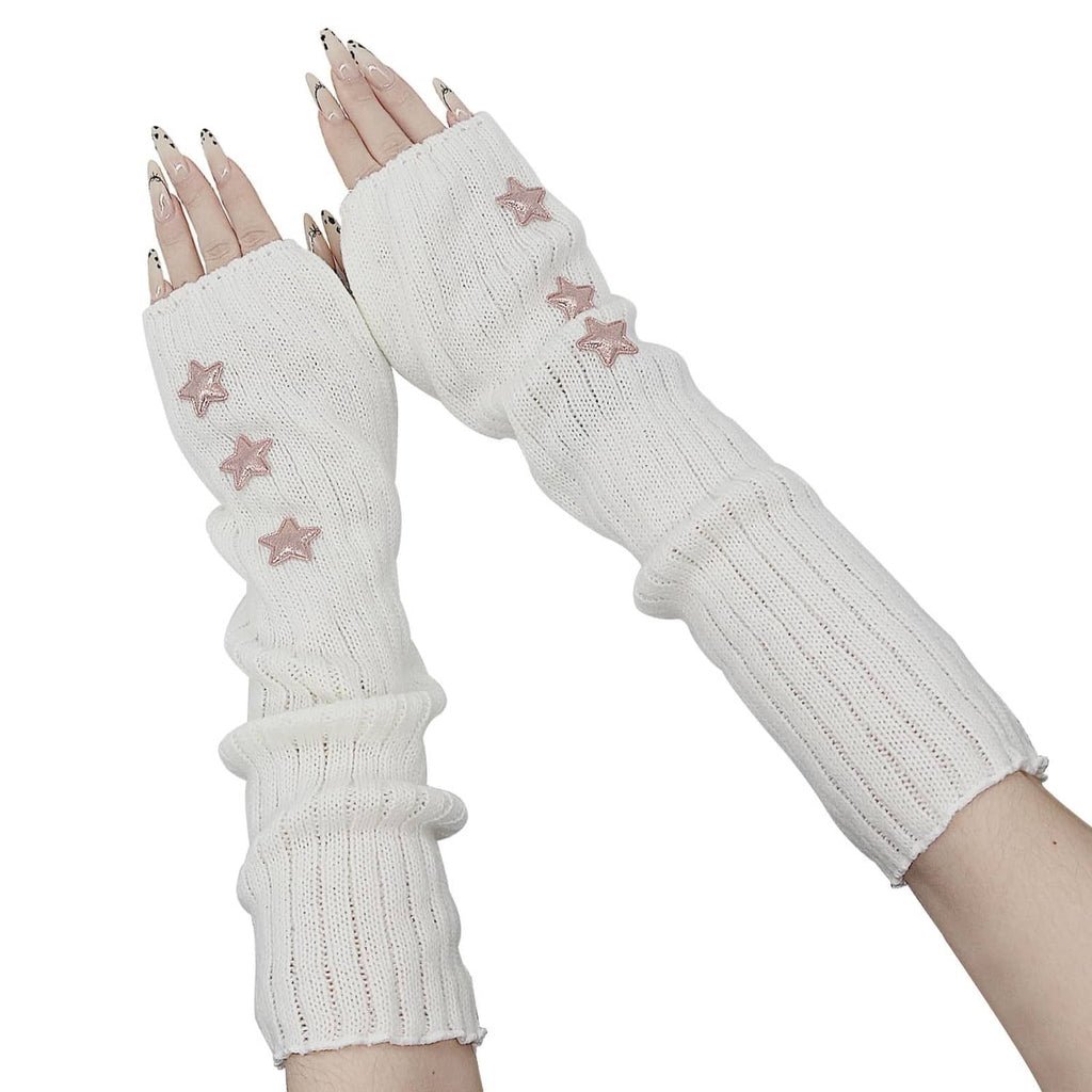 White knitted arm warmers with pink star appliques and thumb openings