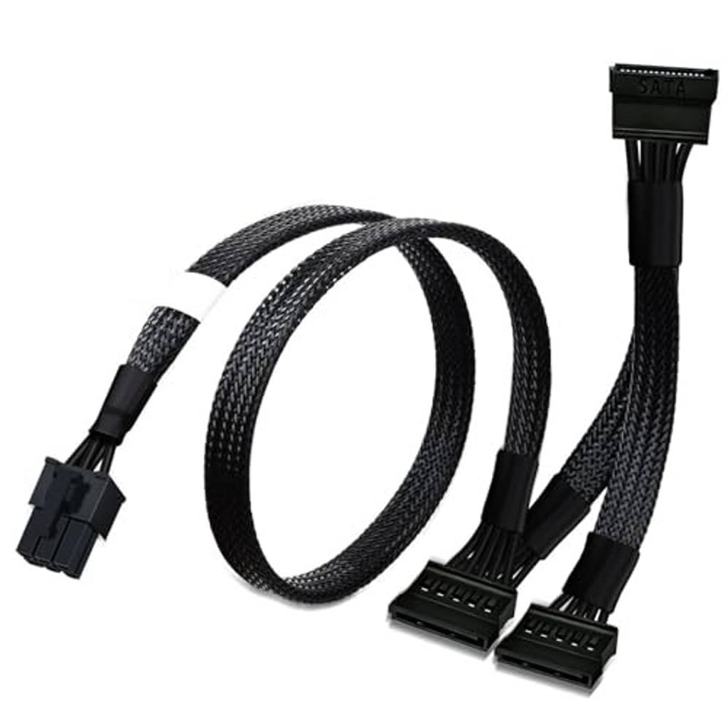 Braided sleeved SATA power cable with 6-pin plug and three 15-pin SATA connectors