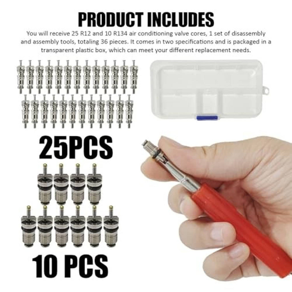 Valve core removal tool set with metal valves and red handle, in clear storage case