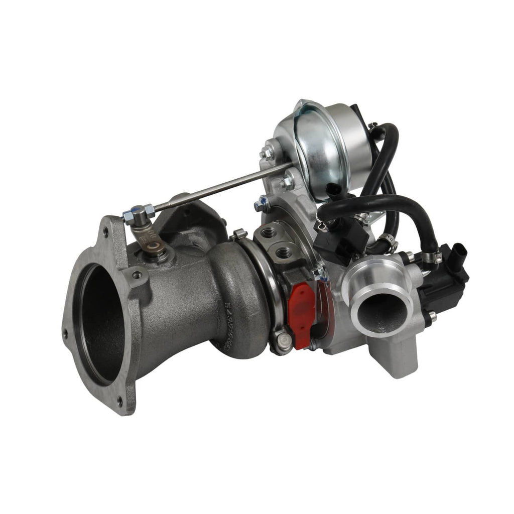 Turbocharger with silver compressor housing, dark exhaust housing, and black wiring