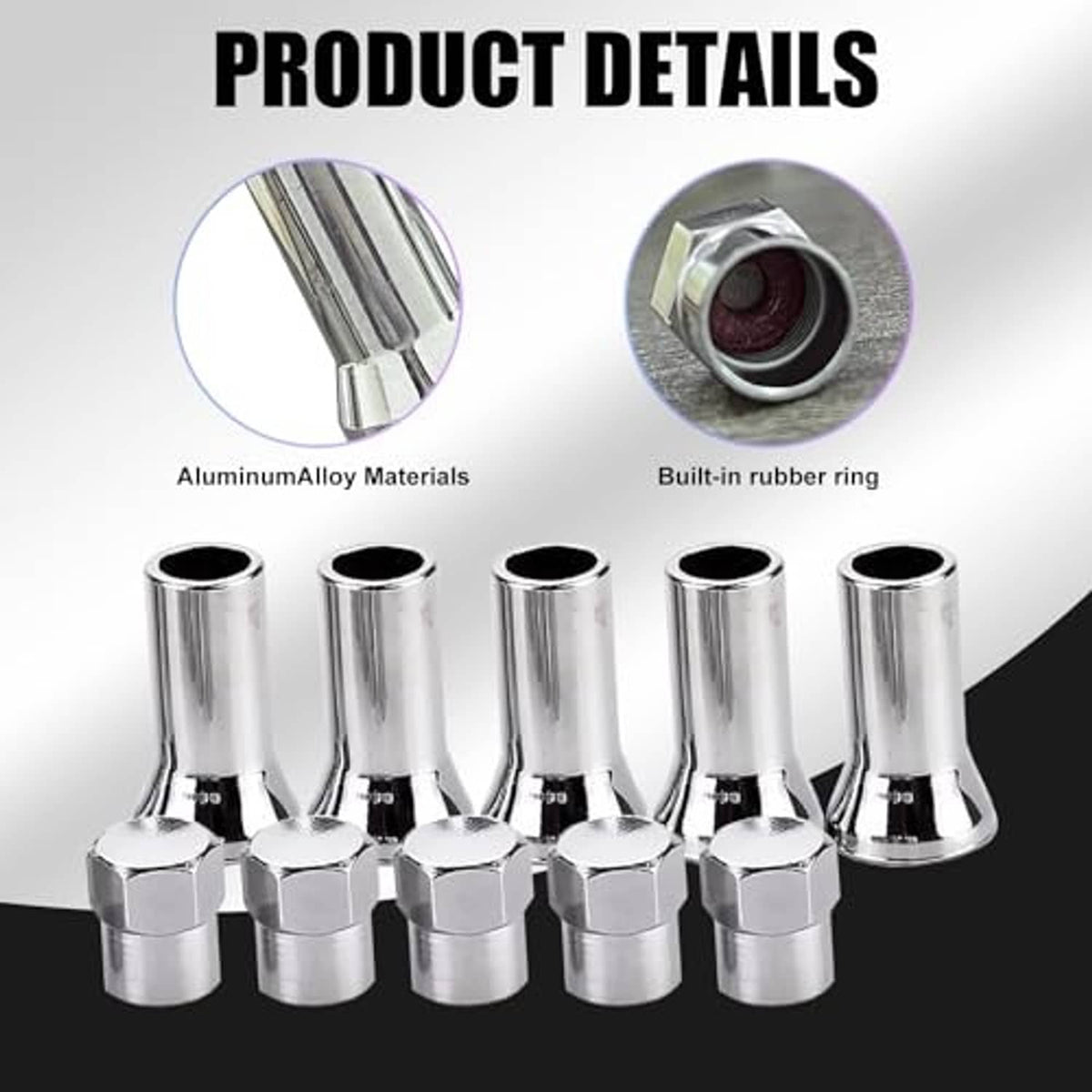 Chrome valve stem sleeve caps set showing aluminum finish and built-in rubber ring