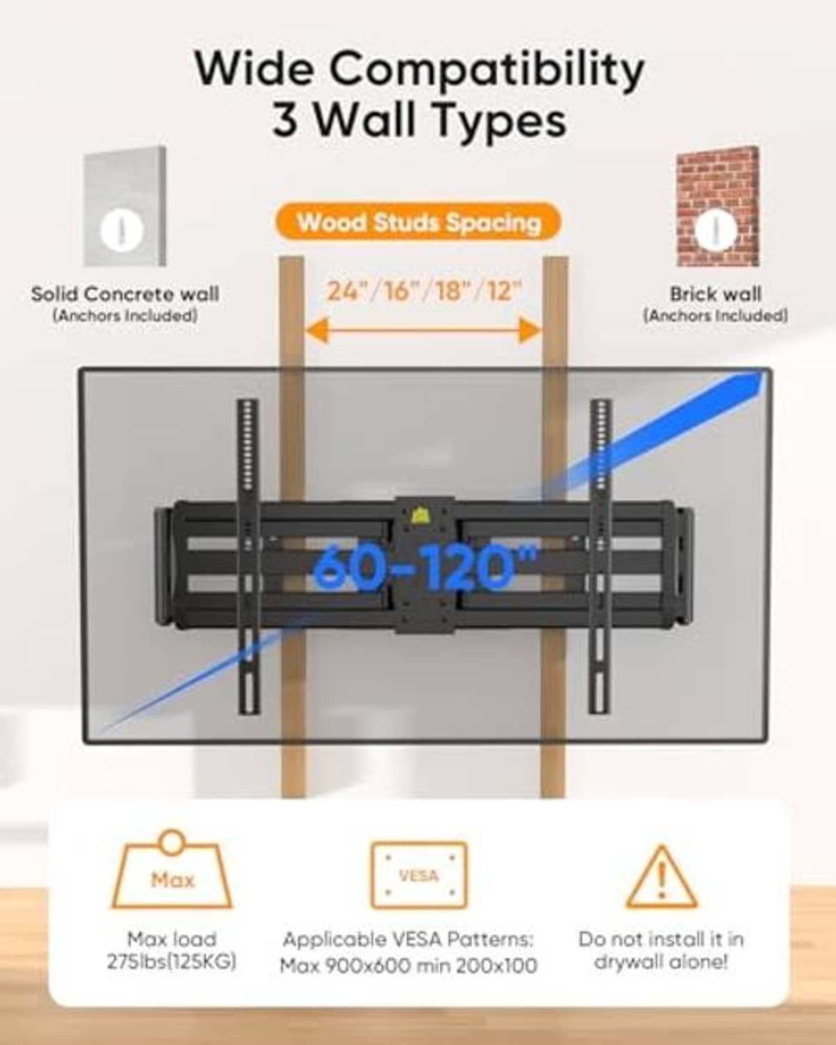 Wide compatibility full motion TV wall mount bracket with VESA rails, black