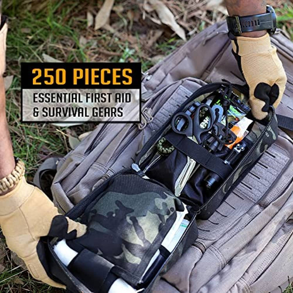 Camo tactical first aid pouch with red cross patch and medical gear inside
