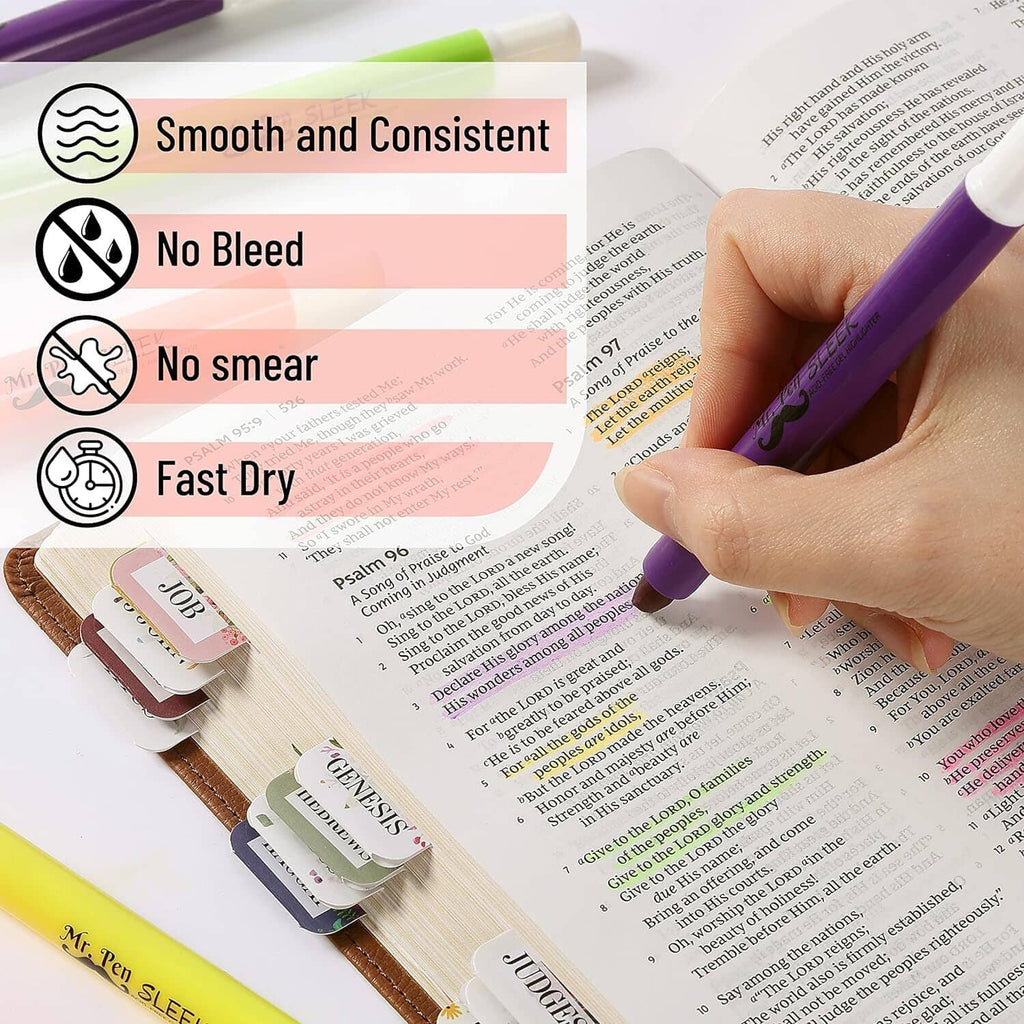 Purple gel highlighter twist-up tip on printed text for smooth, no-bleed lines