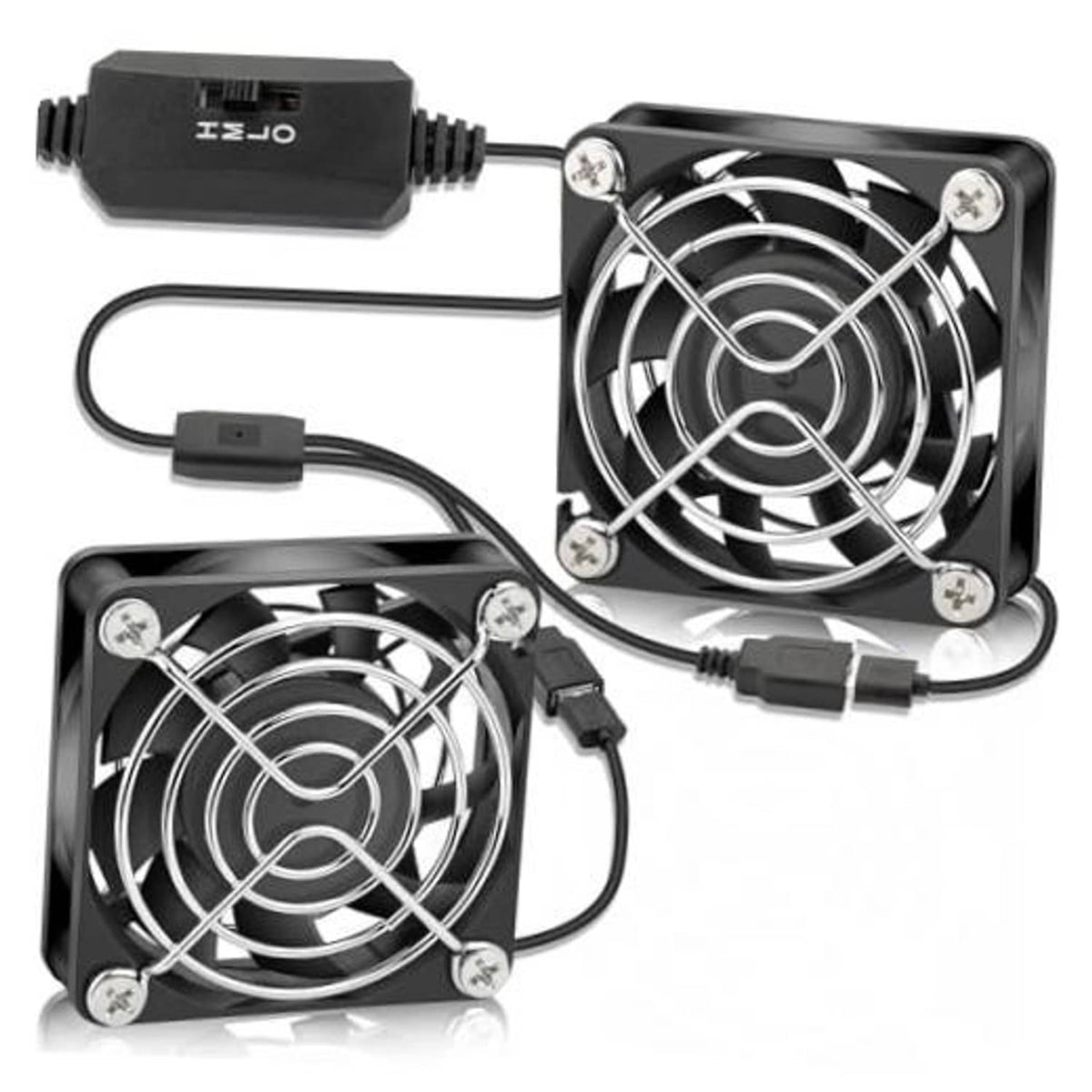 USB brushless case fan pair with black square frames and attached power cables