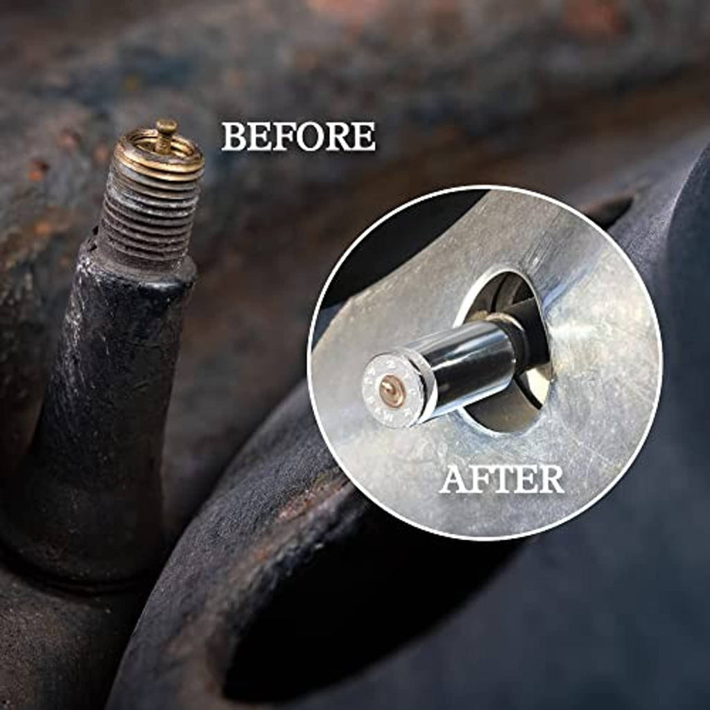 Tire valve stem cap installed: nickel bullet cap with black insert
