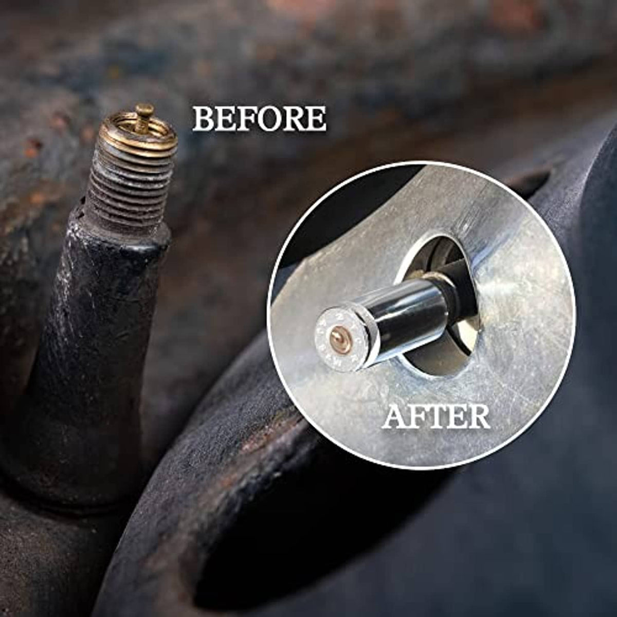 Tire valve stem cap installed: nickel bullet cap with black insert