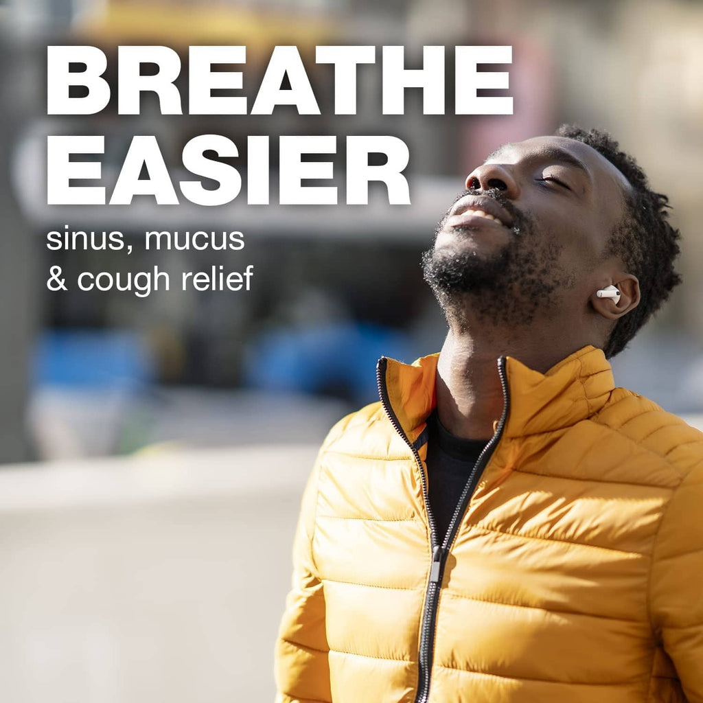 Breathe easier sinus, mucus & cough relief marketing with man in yellow jacket