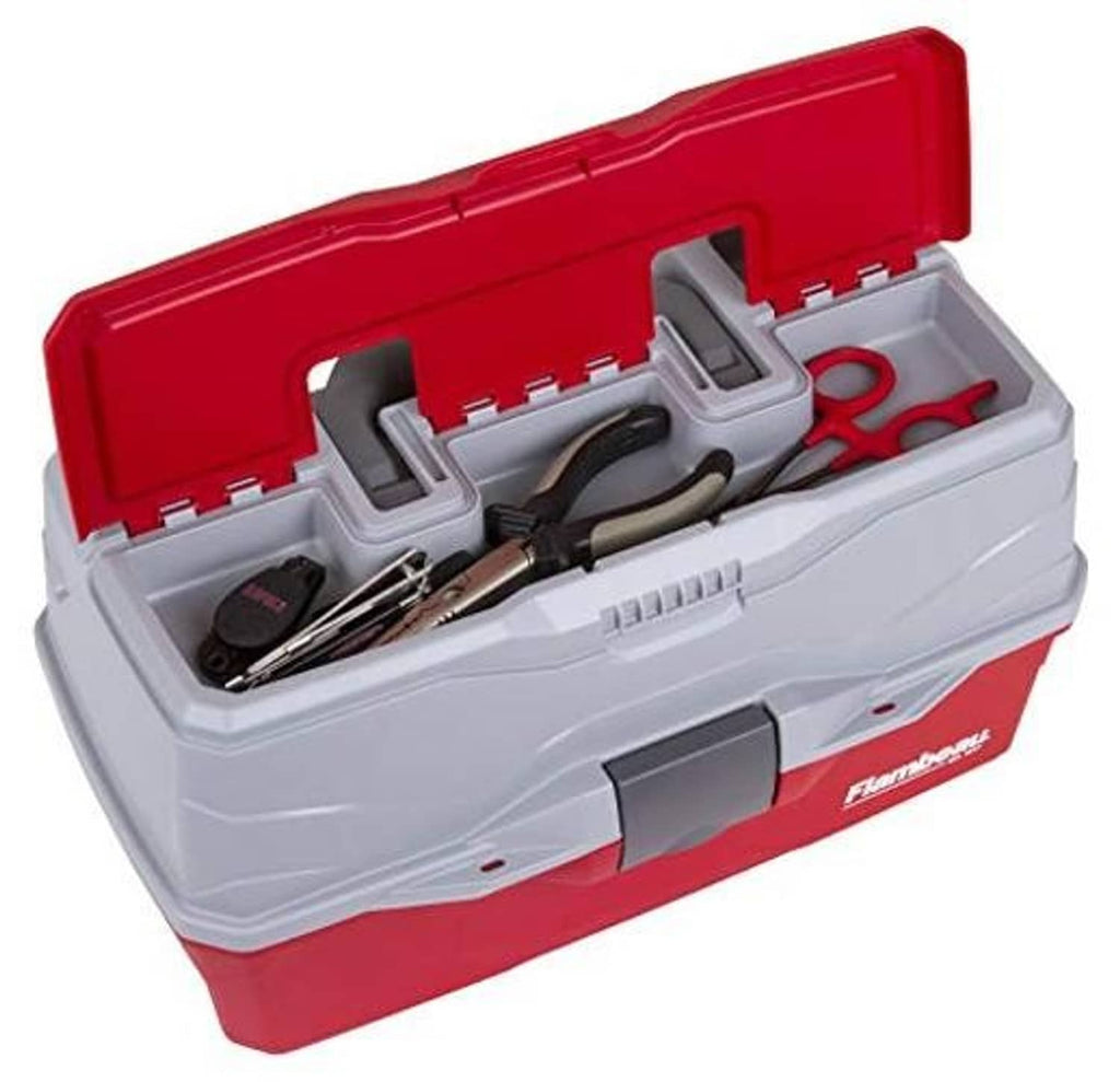 Open red and gray tackle box with gray insert holding fishing tools and lures