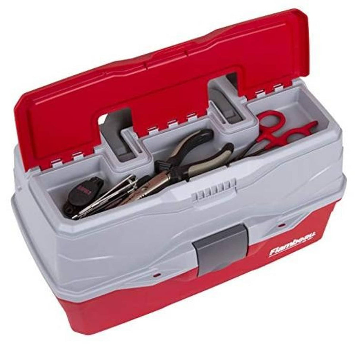 Open red and gray tackle box with gray insert holding fishing tools and lures