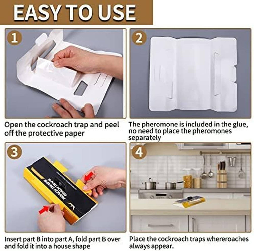 Roach trap shown being opened and assembled by hand, with protective paper peeled away