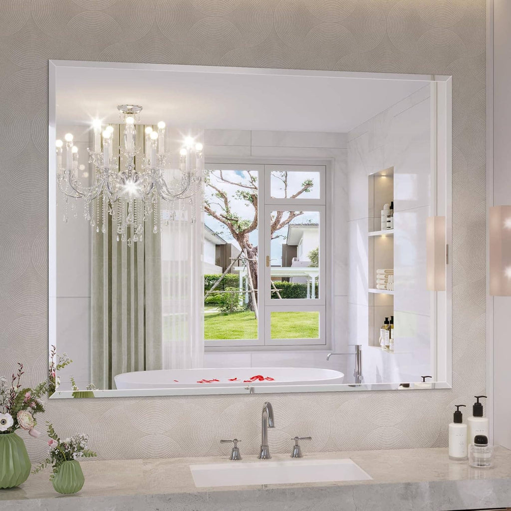 Frameless rectangular bathroom vanity mirror with beveled edges, wall-mounted