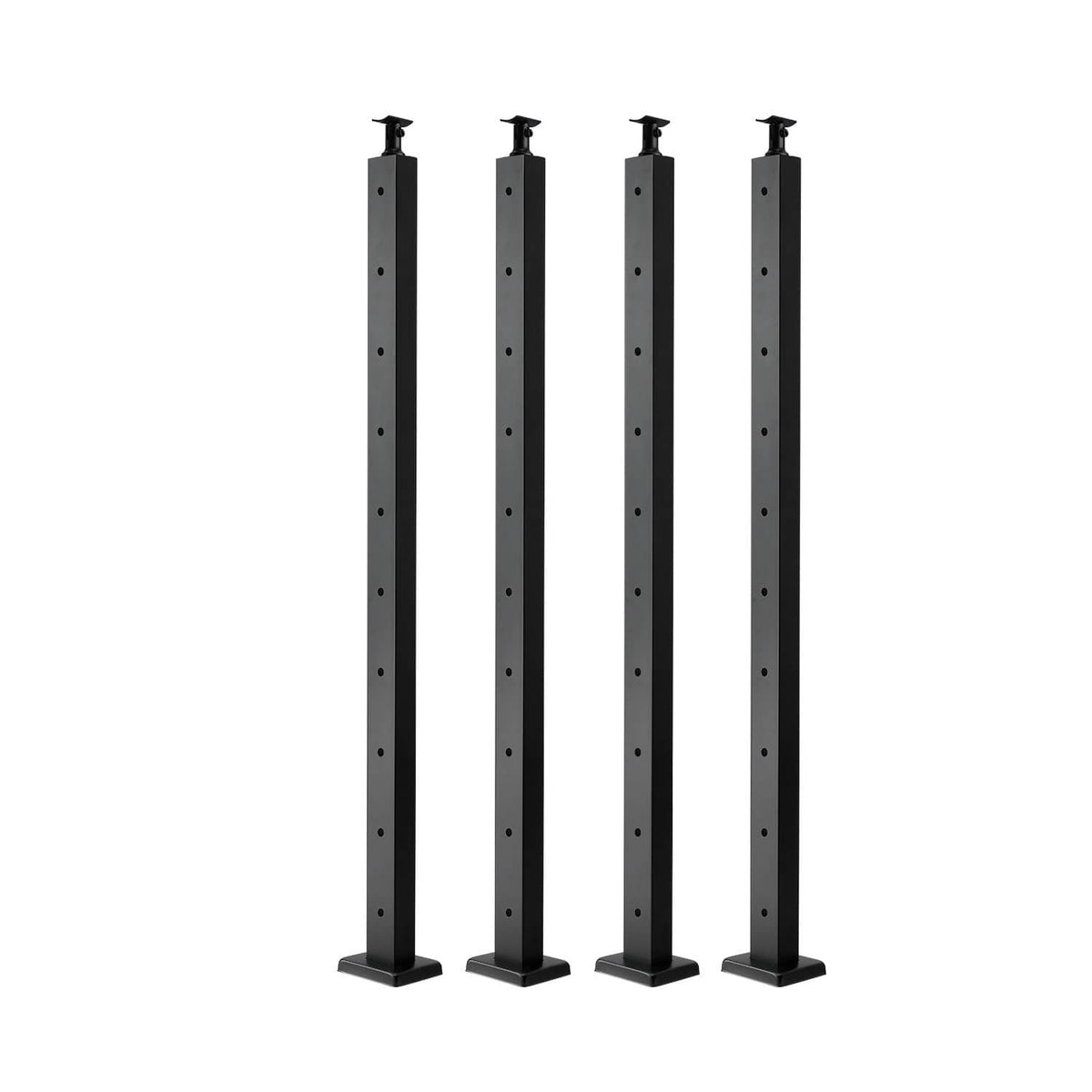 Set of four black cable railing posts with caps and evenly spaced holes