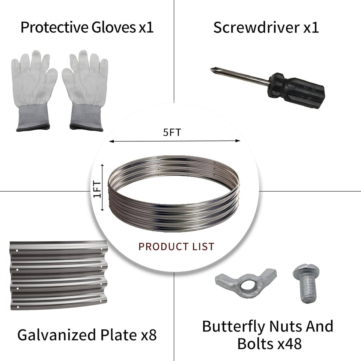 Galvanized fire pit ring hardware kit with gloves, screwdriver, nuts and bolts