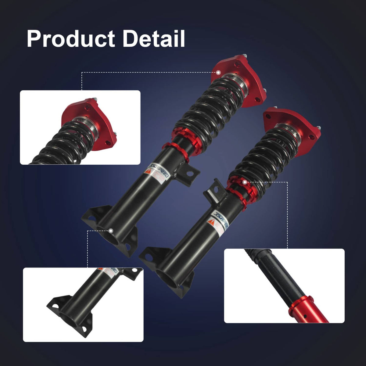 Adjustable coilover strut assembly with red upper mount and black spring, angled view