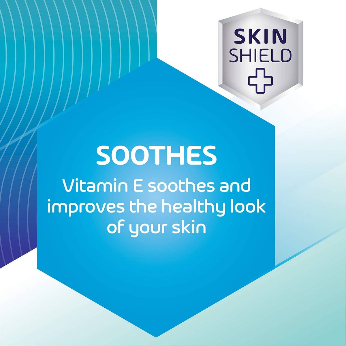Skin Shield benefit graphic: vitamin E soothes and improves the healthy look of skin