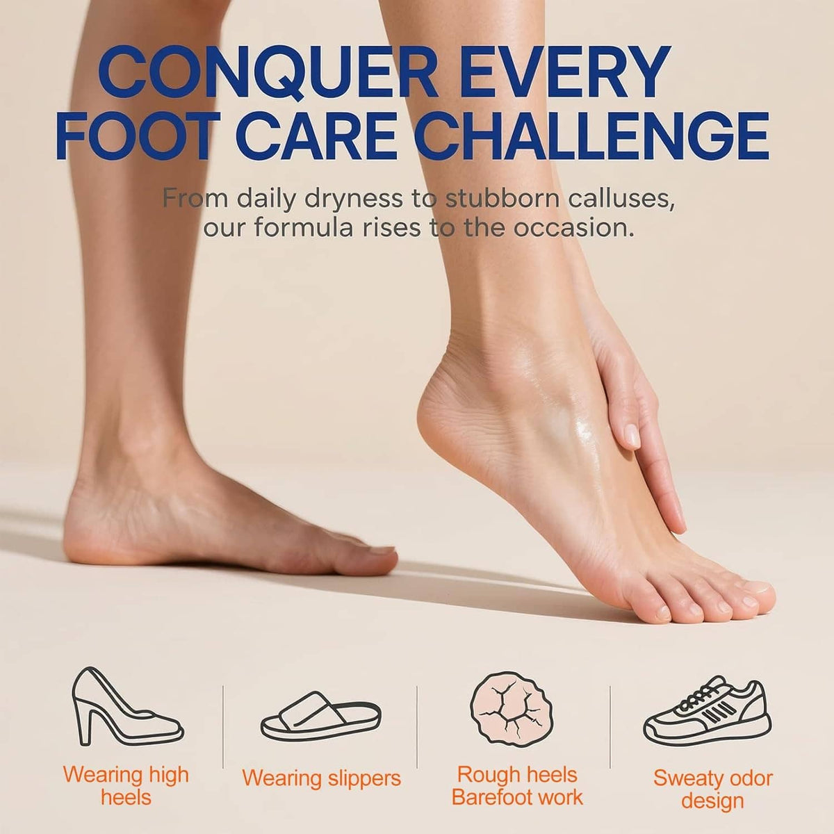 Urea cream applied to bare feet for a smooth, glossy finish