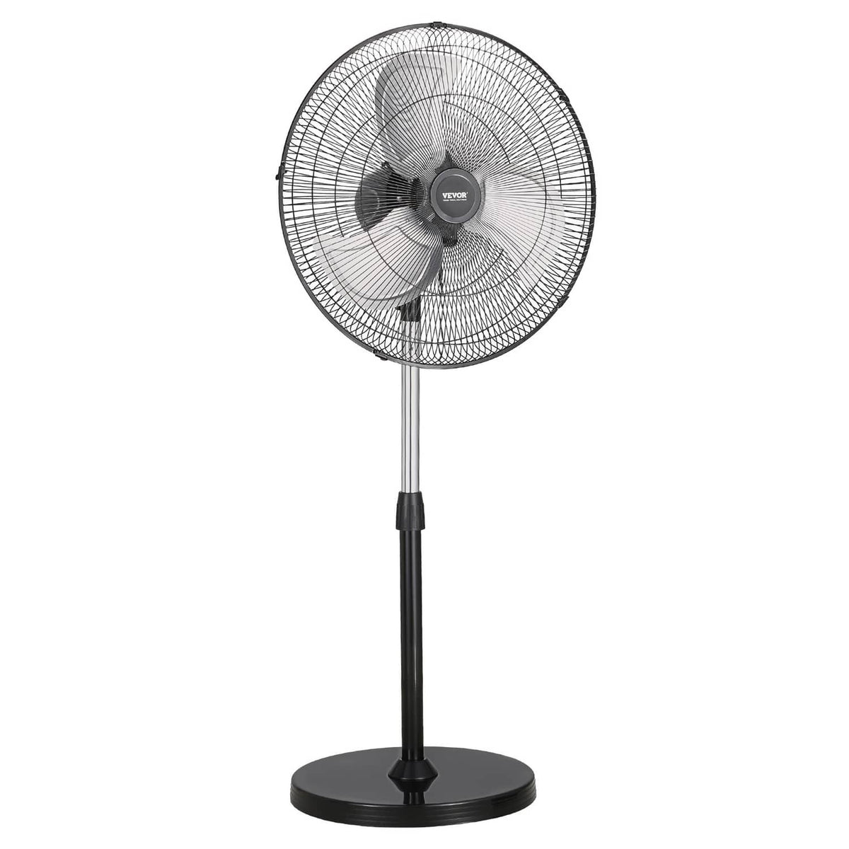 Black pedestal fan with wire grille, 3 blades, and round base on pole