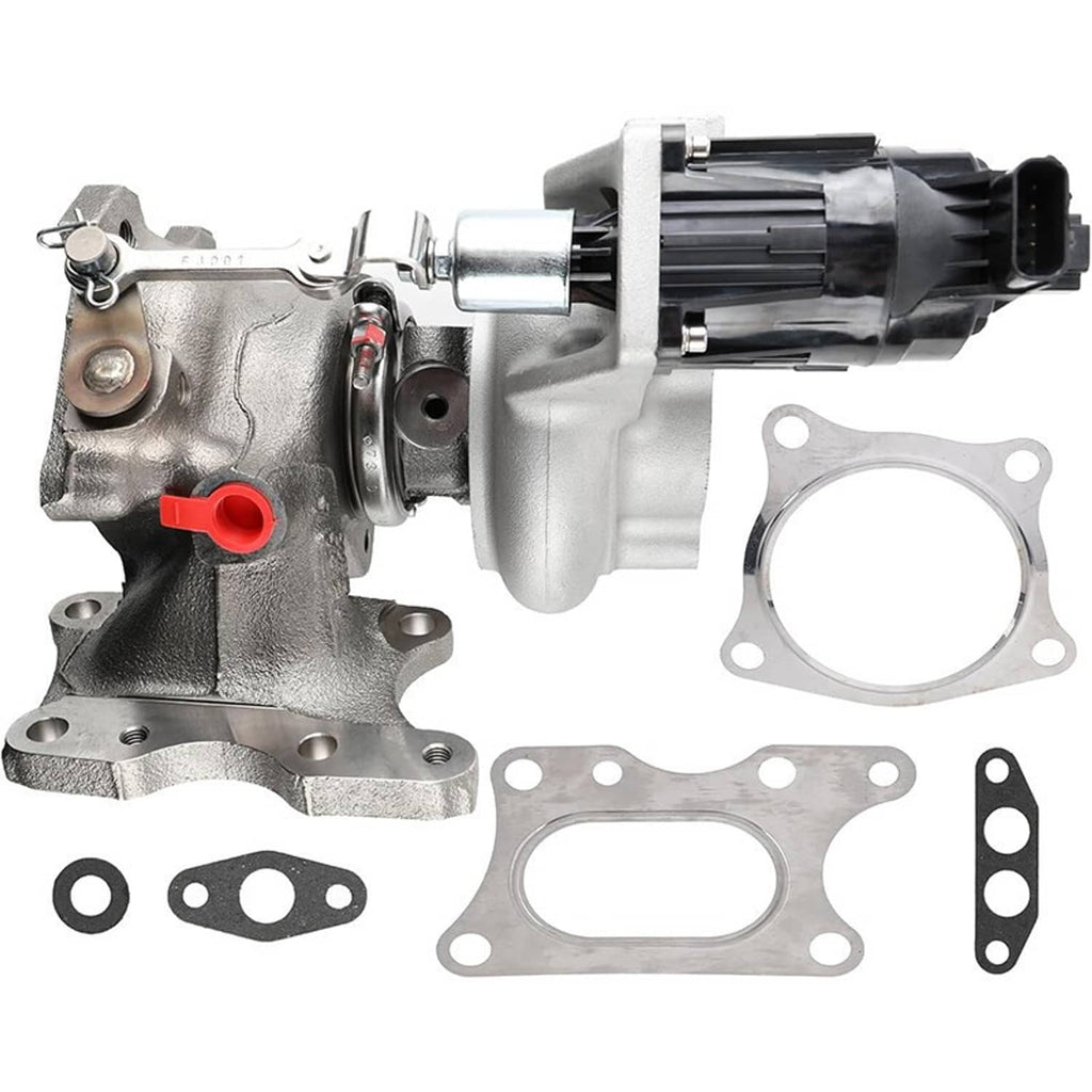 Turbocharger with metal turbine housing and gasket plates, actuator on right