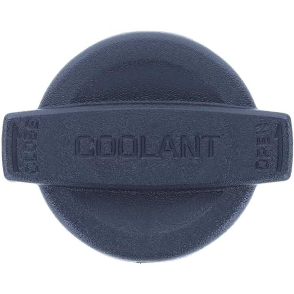 Engine coolant reservoir cap, dark blue, front view with large embossed COOLANT text strip.