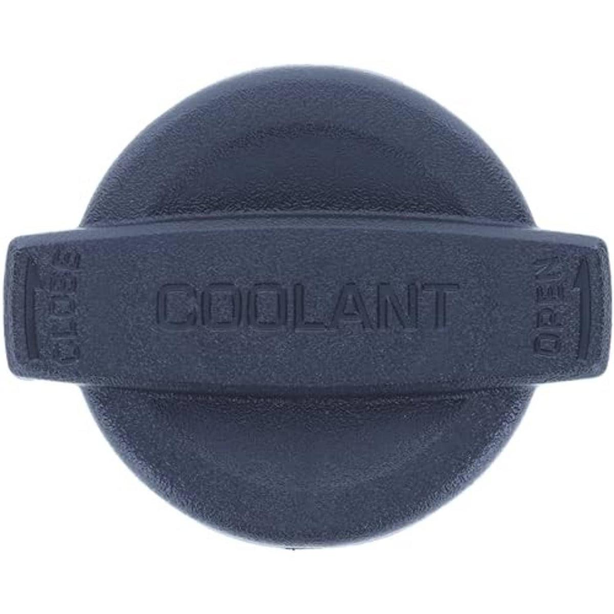 Engine coolant reservoir cap, dark blue, front view with large embossed COOLANT text strip.