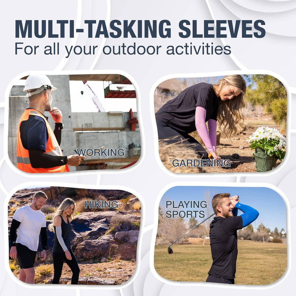 White cooling arm sleeves shown worn for outdoor activities, stretch forearm coverage