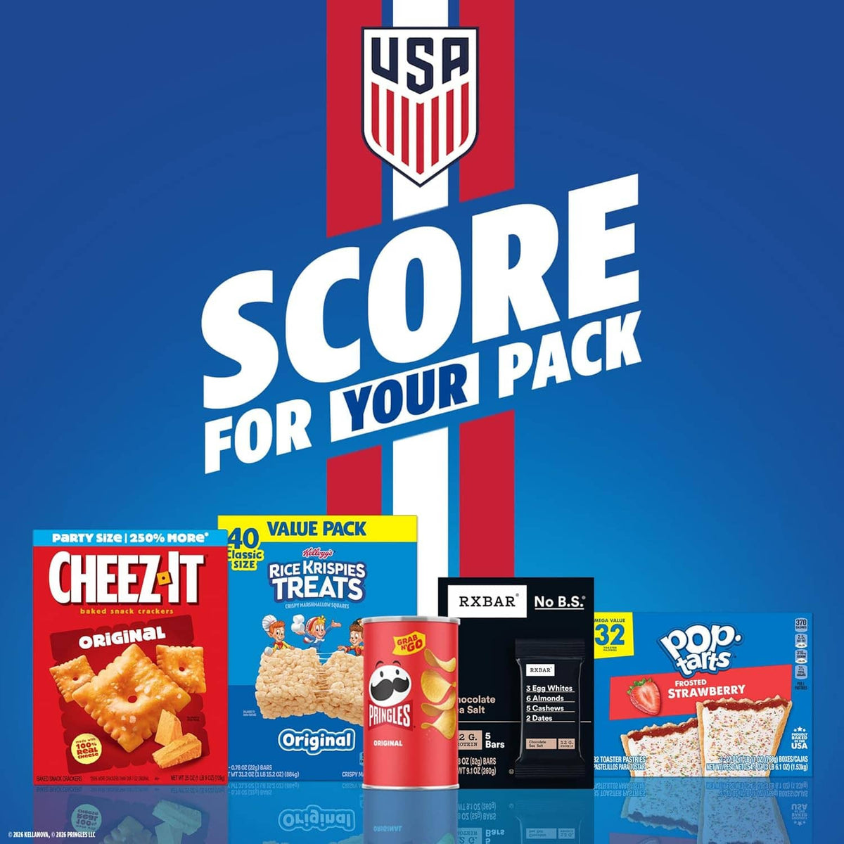 USA Score Your Pack promo image with assorted snack boxes and bar products