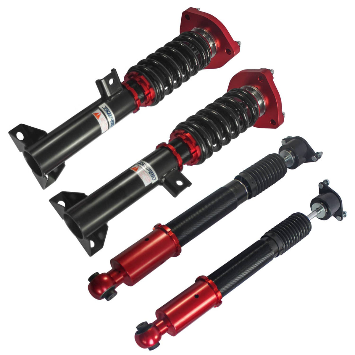 Four-piece coilover suspension set with black shocks, red cylinders, and coil springs