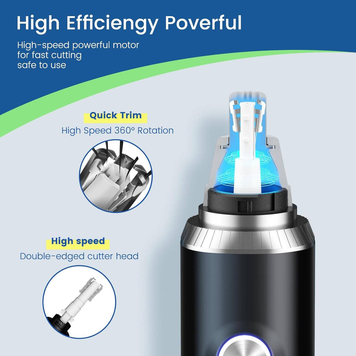 Black ear and nose hair trimmer with rotating cutter head and silver collar
