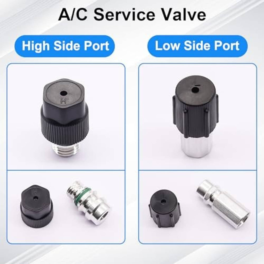 A/C service valve port caps for high and low sides with black tops and metal connectors