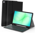 Black backlit keyboard case for tablet with detachable stand and green glowing keys