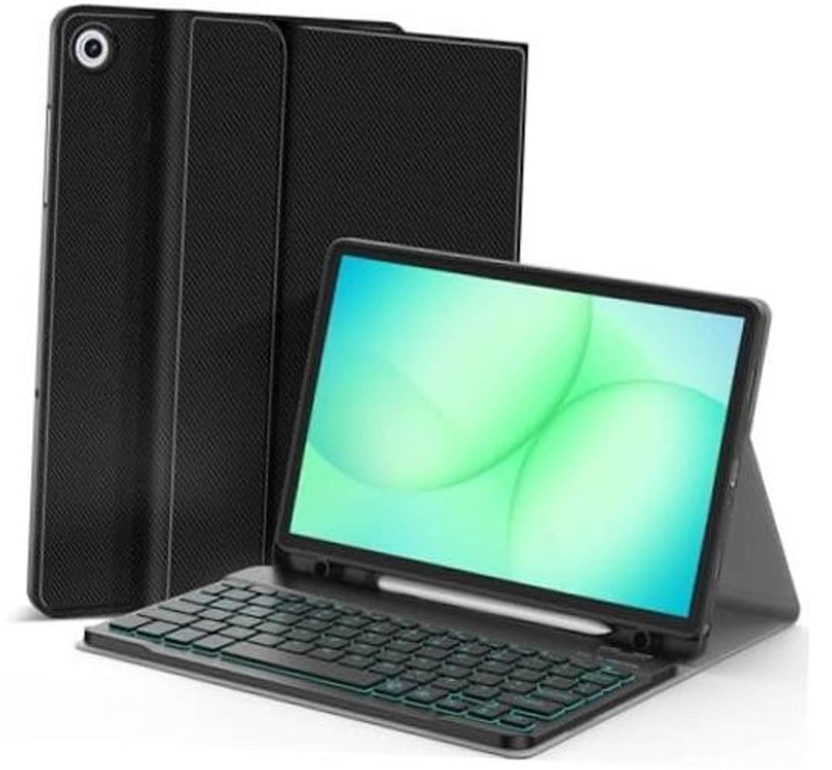 Black backlit keyboard case for tablet with detachable stand and green glowing keys