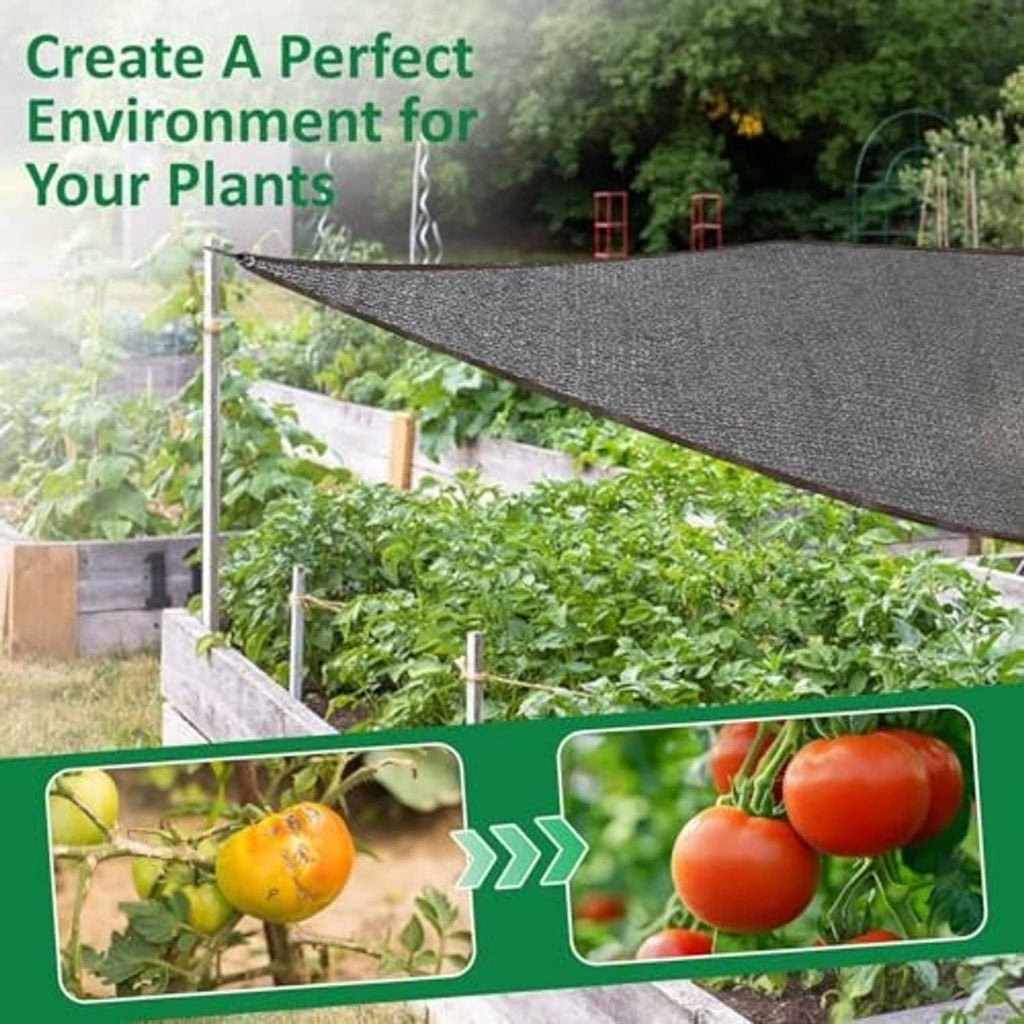 Black shade sail canopy over plants in garden with grommet corners