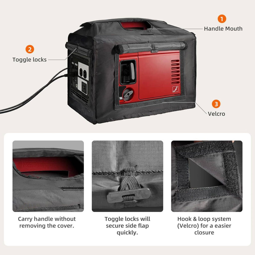 Black generator cover tent with front handle mouth, toggle locks and side closure flap