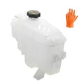 Translucent white engine coolant overflow reservoir tank with black cap and sensor