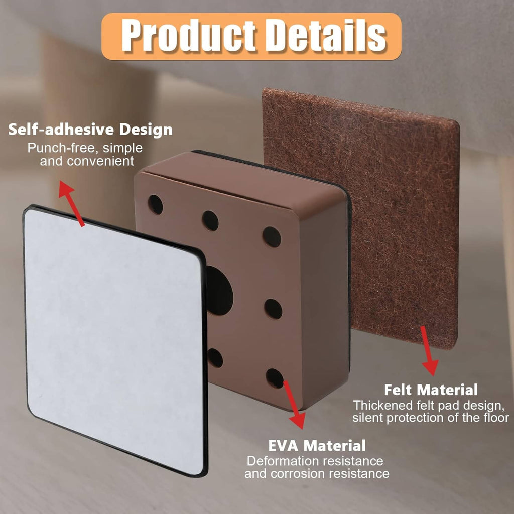 Self-adhesive furniture foot pad with thick brown felt and black foam base layers