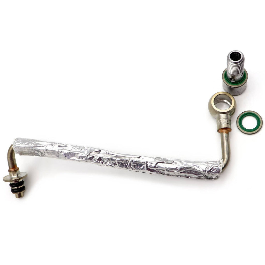 Turbo oil feed pipe tube assembly with foil-wrapped line, fittings, gasket, and washer