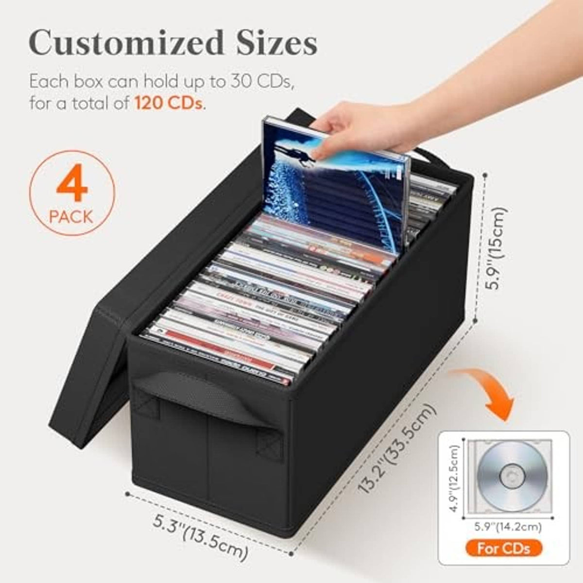 Black stackable CD storage box open with CDs inside, 4-pack style