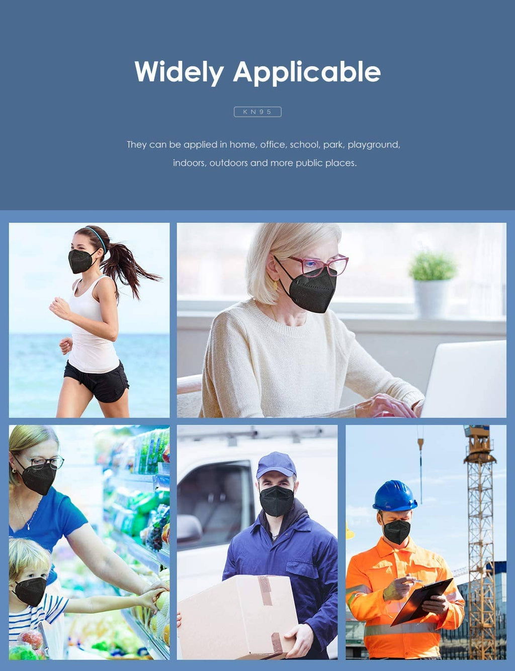 Black KN95 face mask shown in multiple daily and workplace use scenes
